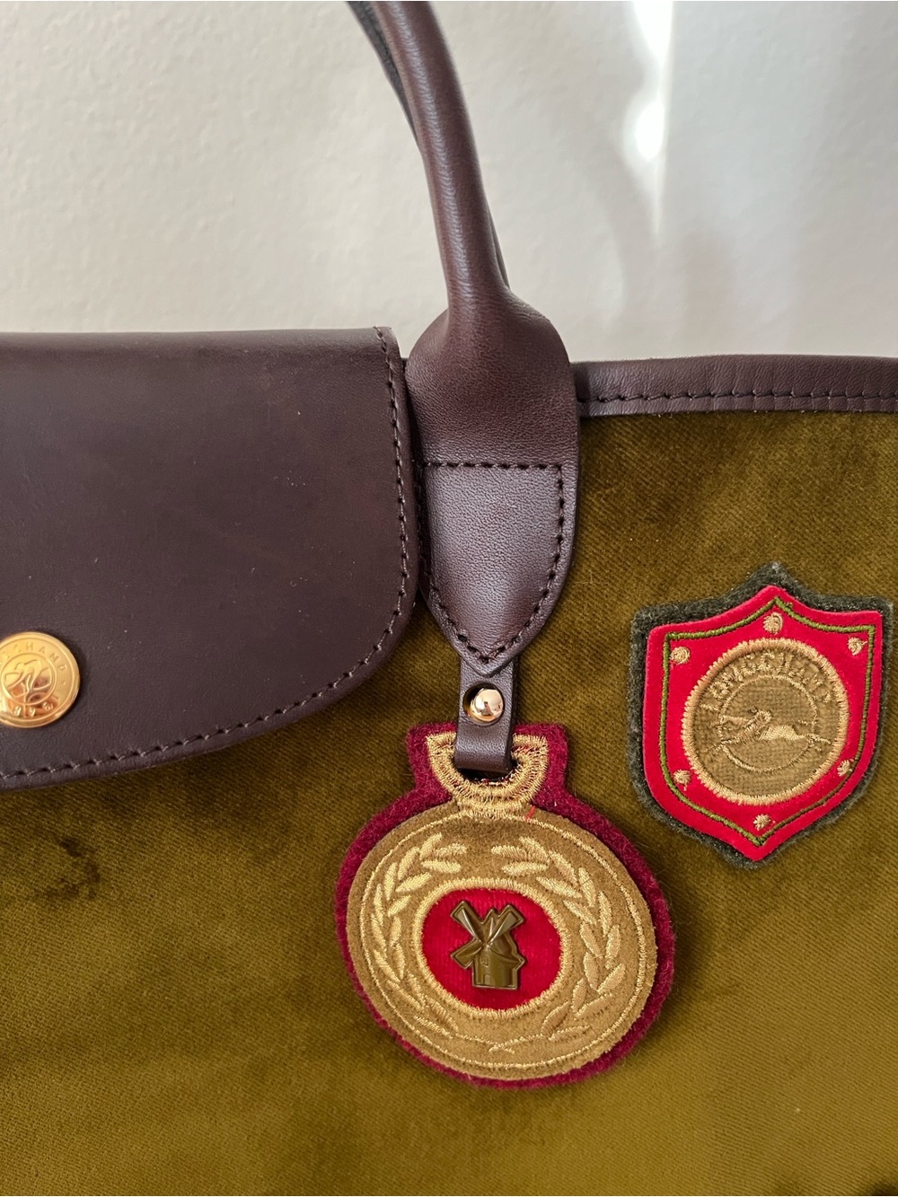 Longchamp Olive Velvet Tote with Dark Brown Leather Trim. Limited Edition. - Picture 11 of 11
